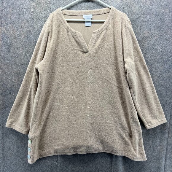 Soft Surroundings Sweater Women 1X Beige Sherpa Fleece Split Neck Pullover - Picture 1 of 10